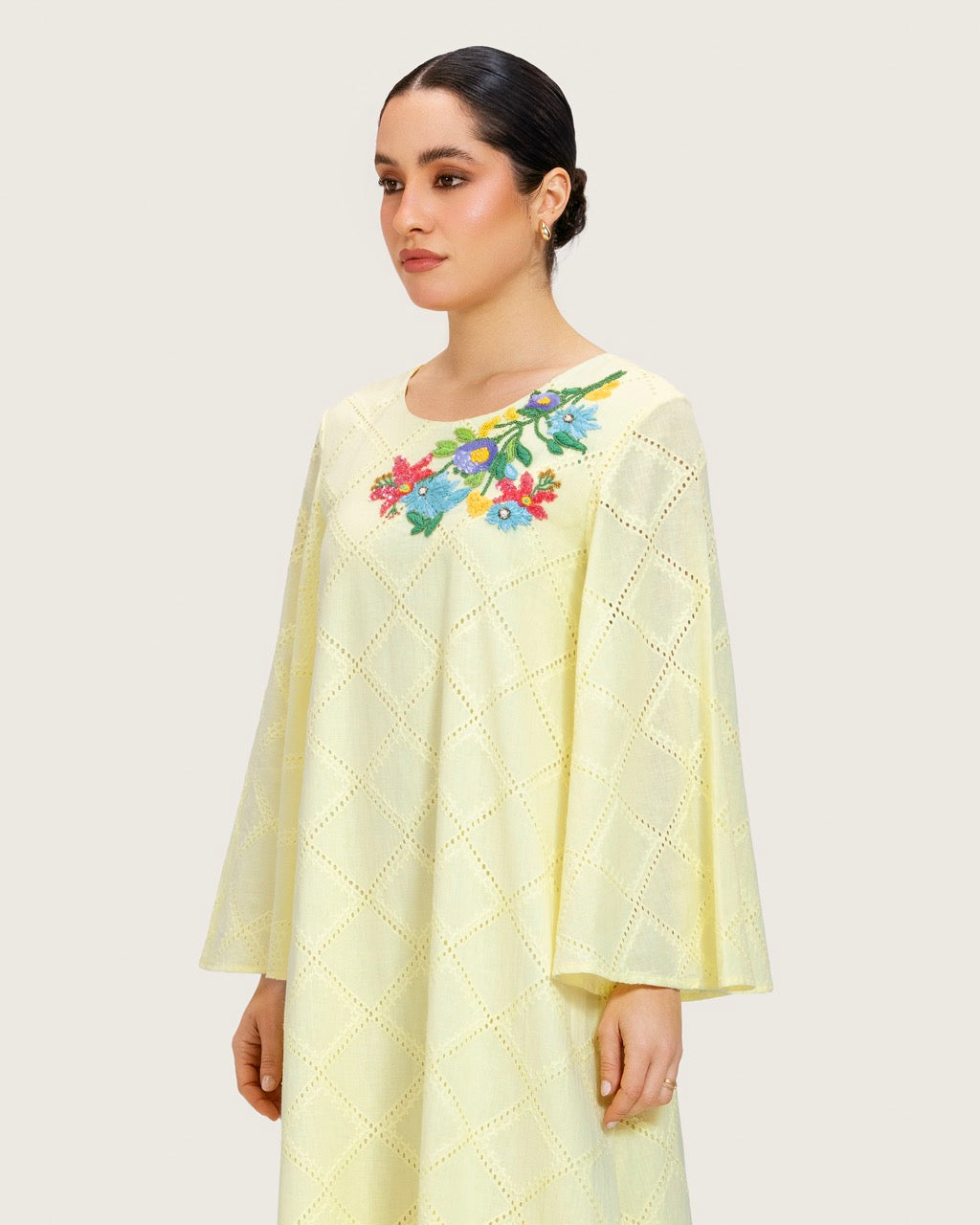 Loose Eyelet Cotton Dress with Handmade Beaded & Sequin Embellishments