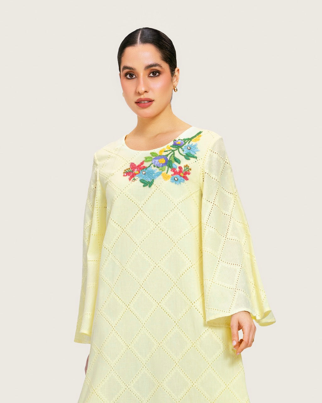 Loose Eyelet Cotton Dress with Handmade Beaded & Sequin Embellishments