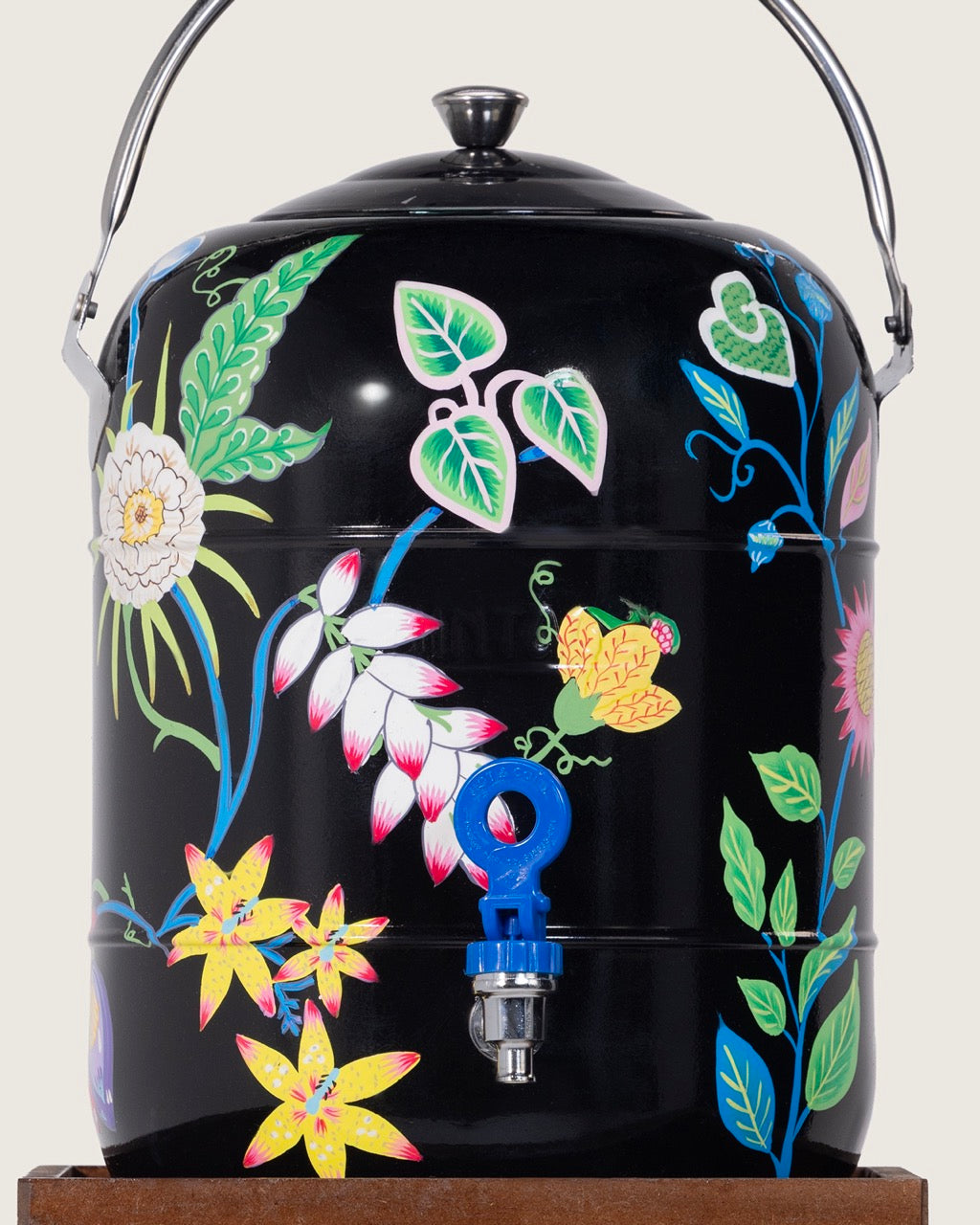 Hand-Painted Folk Floral Urn and Stool Set - 15 liters