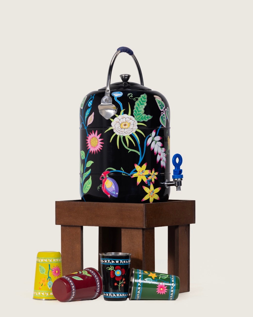 Hand-Painted Folk Floral Urn and Stool Set - 15 liters