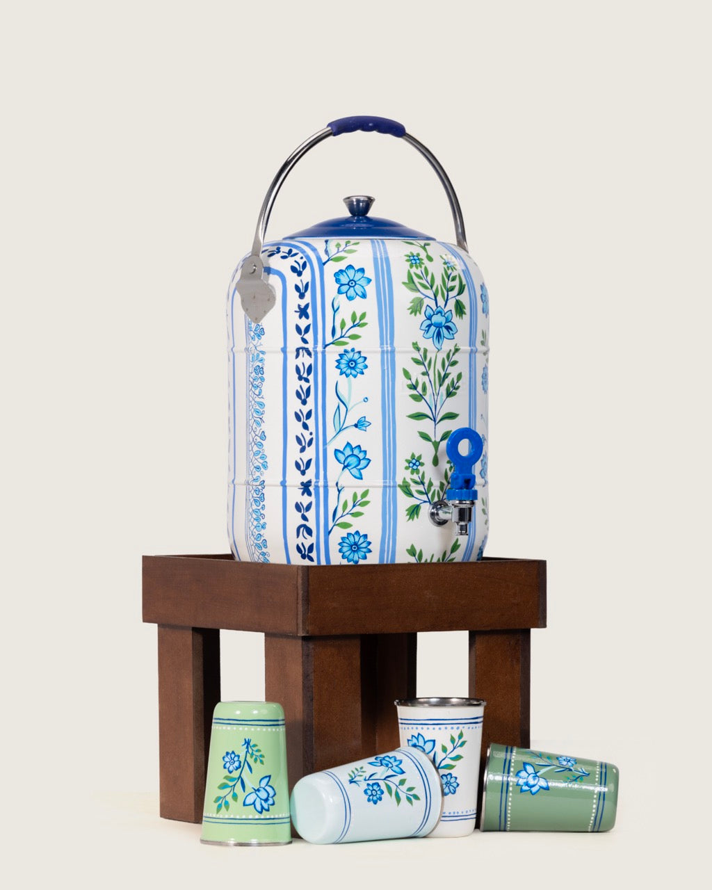Hand-Painted Blue Meadow Urn and Stool Set - 15 liters