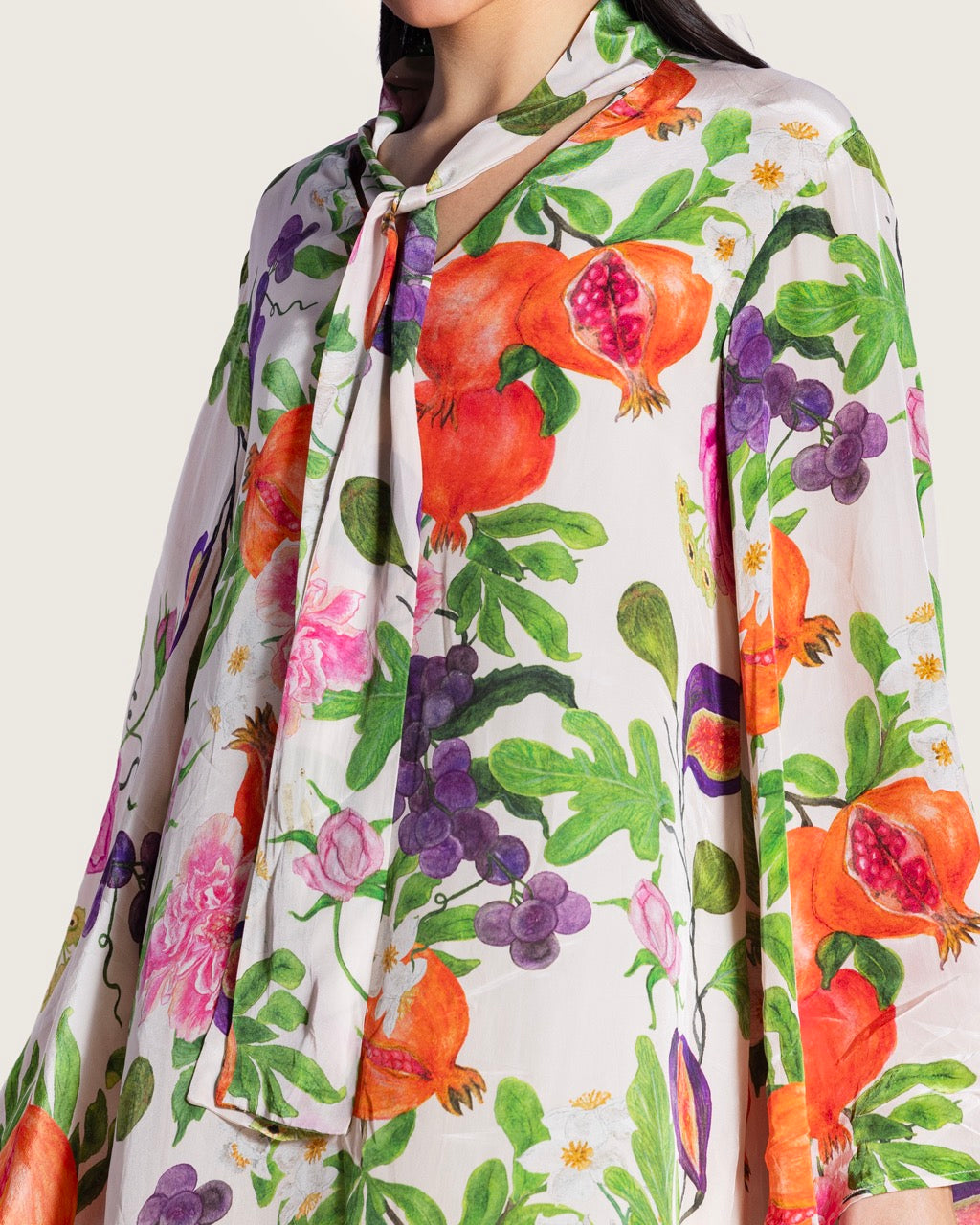 Floral Fruity Printed Maxi Kaftan with Tie Neckline