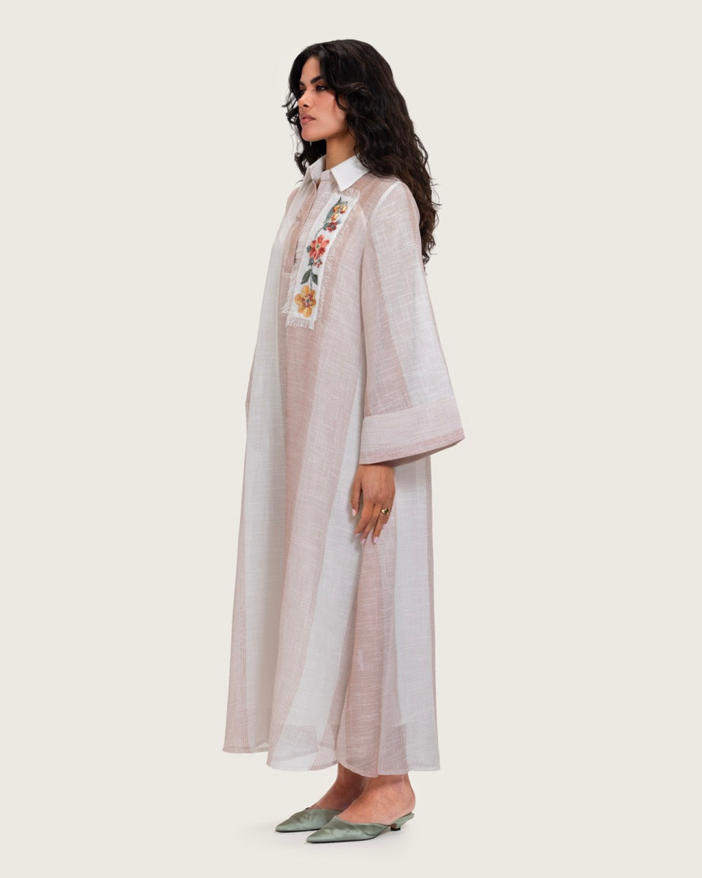 Maxi Shirt Dress with Handcrafted Floral Embroidery