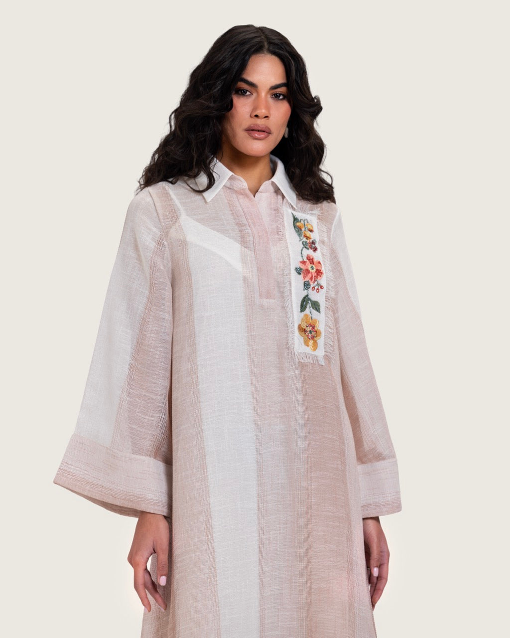 Maxi Shirt Dress with Handcrafted Floral Embroidery