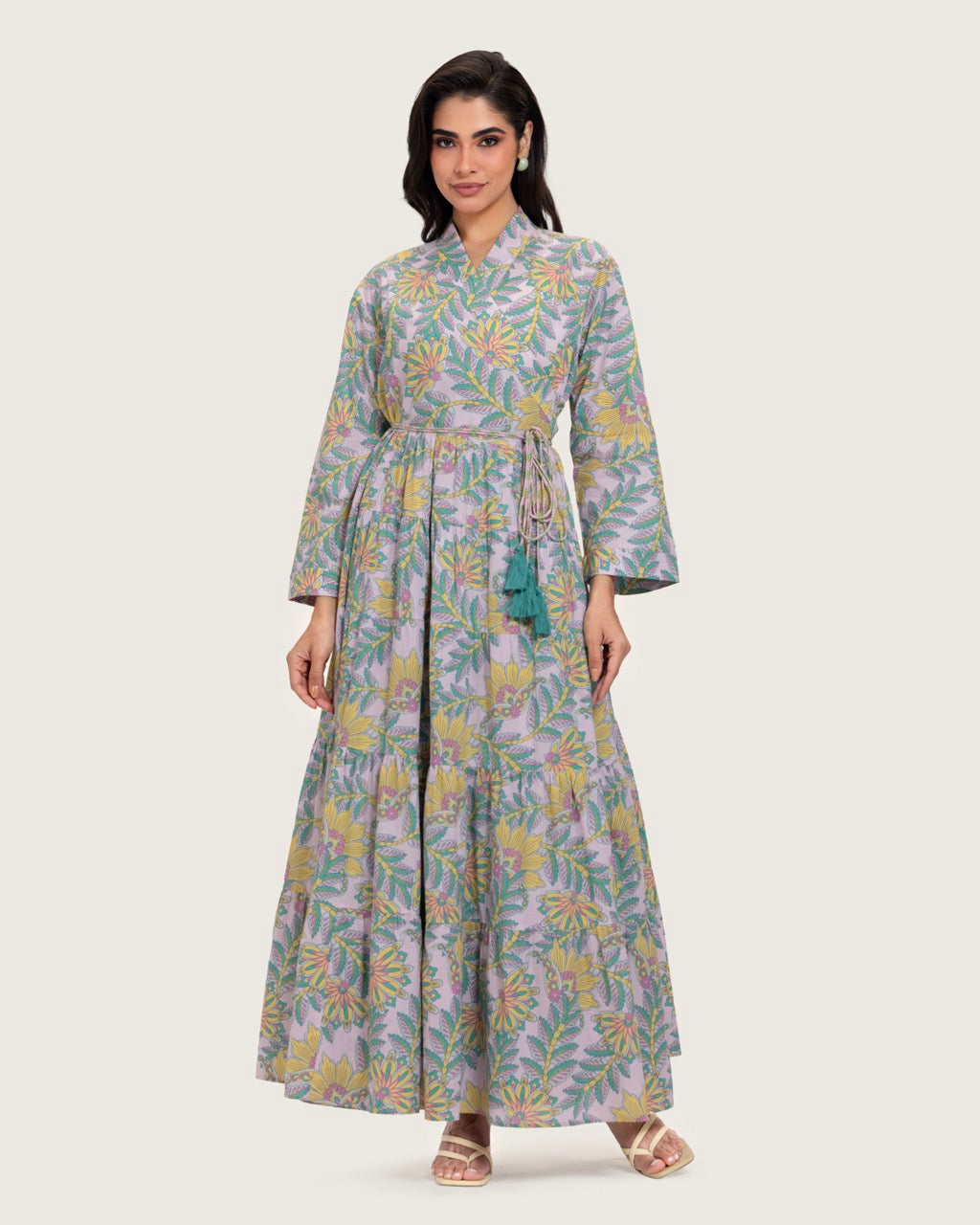 Printed Maxi Wrap dress with Tie Waist & Tassels