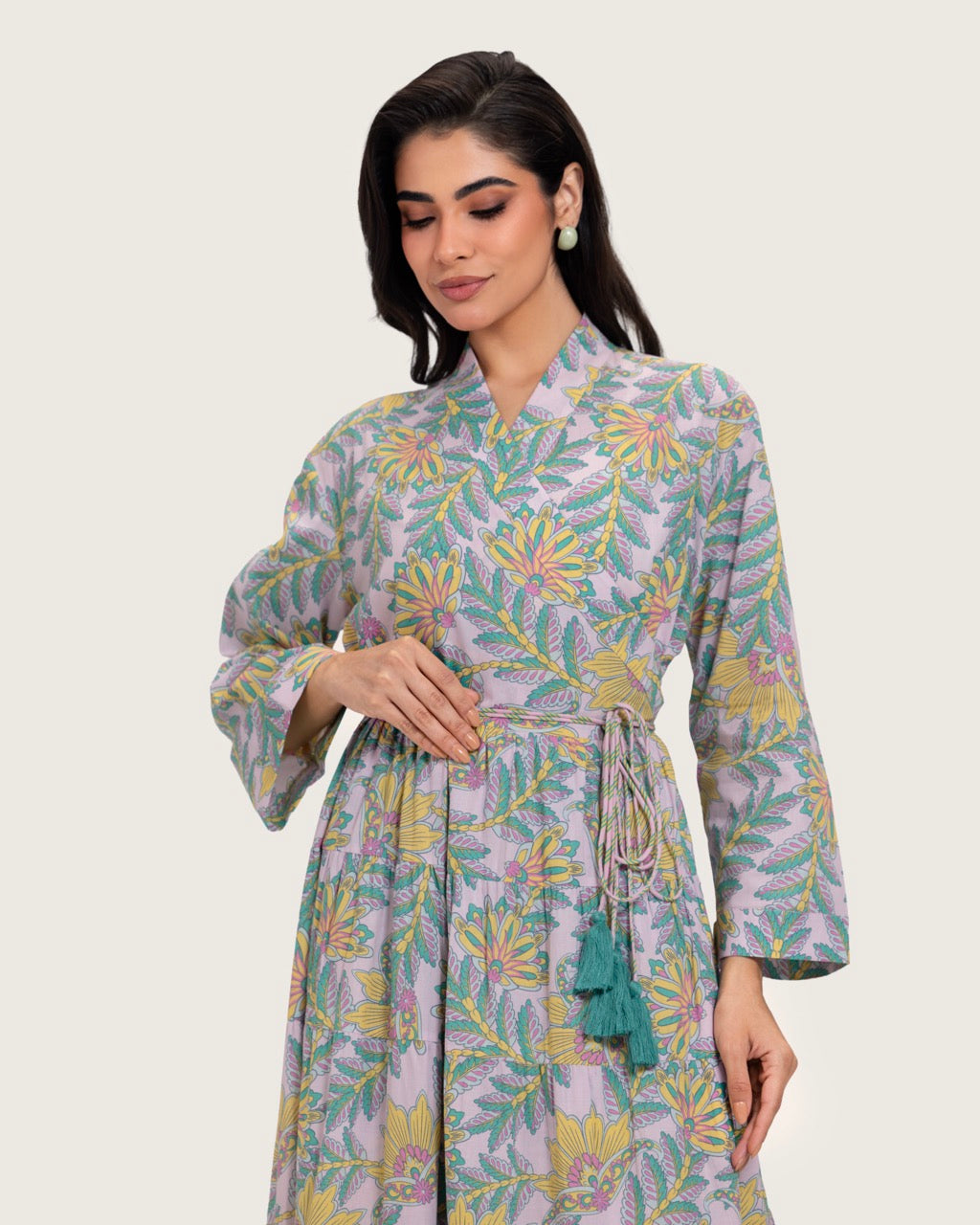 Printed Maxi Wrap dress with Tie Waist & Tassels