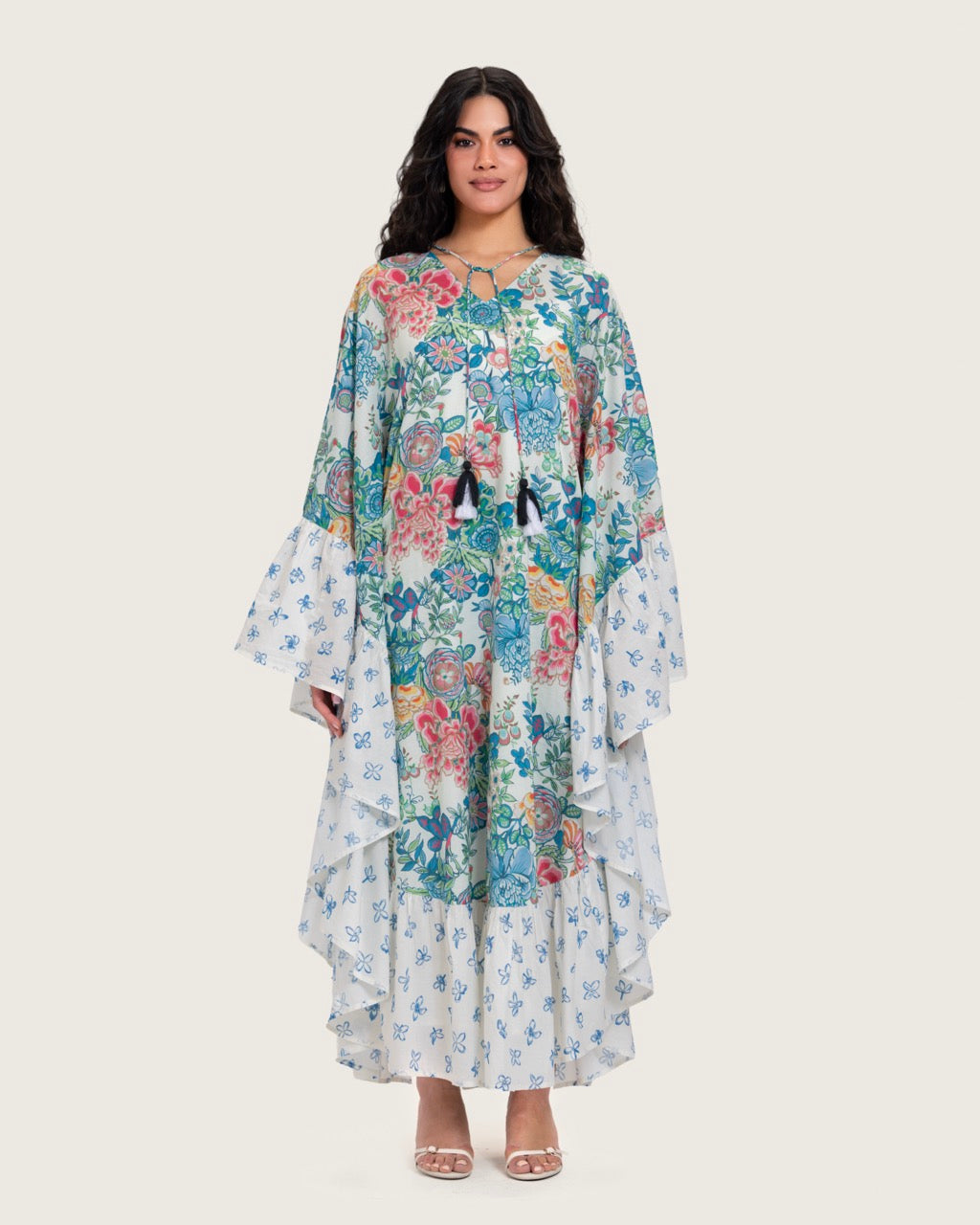 Printed Ruffle Trimmed Kaftan with Tie Neck & Tassels