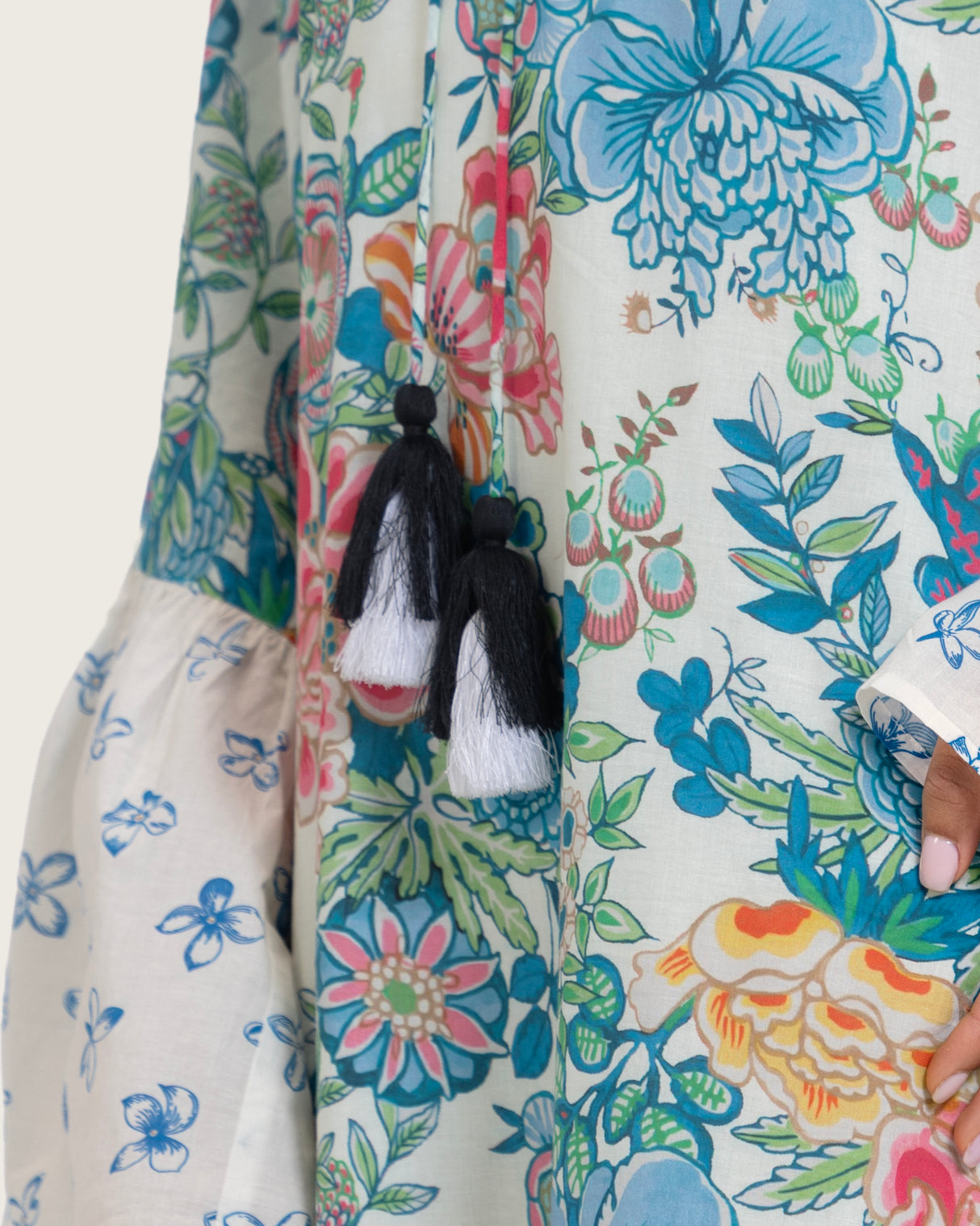 Printed Ruffle Trimmed Kaftan with Tie Neck & Tassels