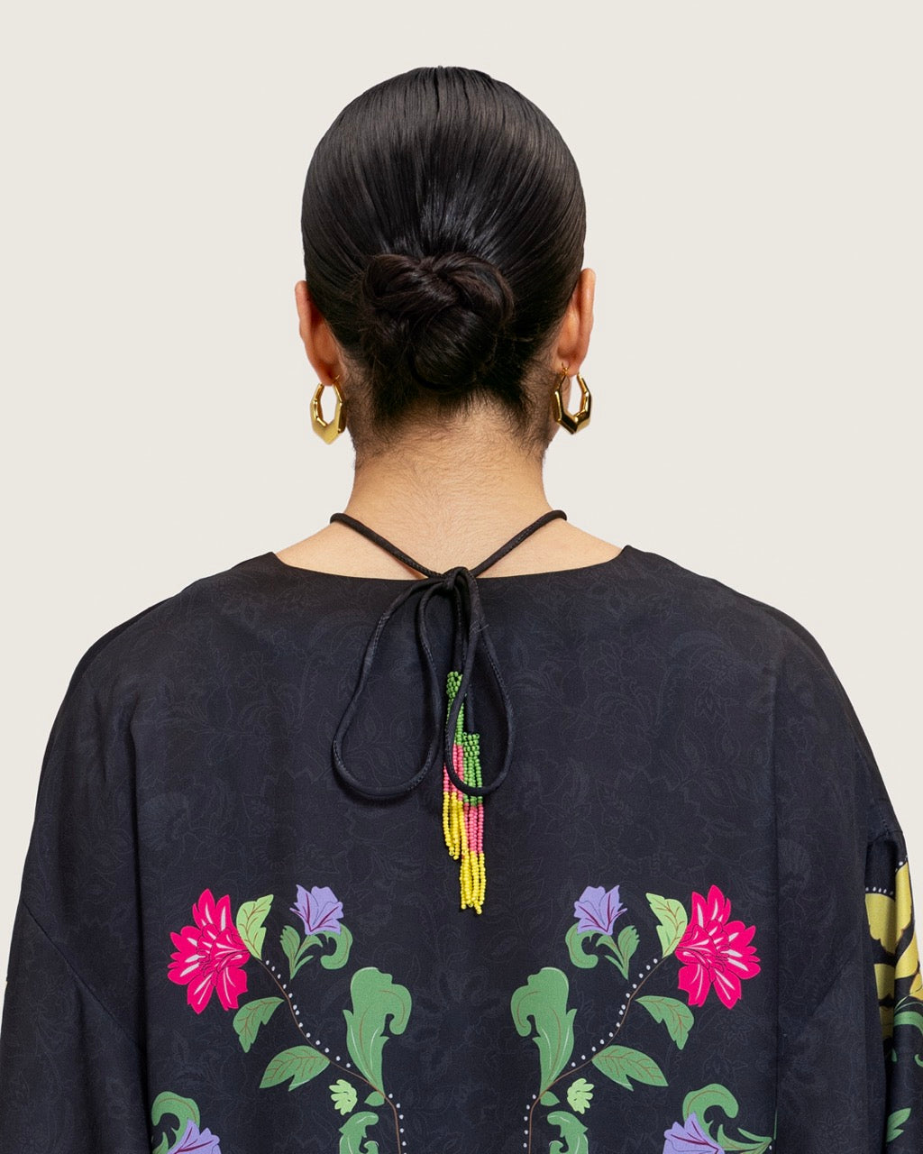 Black Printed Maxi Kaftan Dress with Beaded Tassel