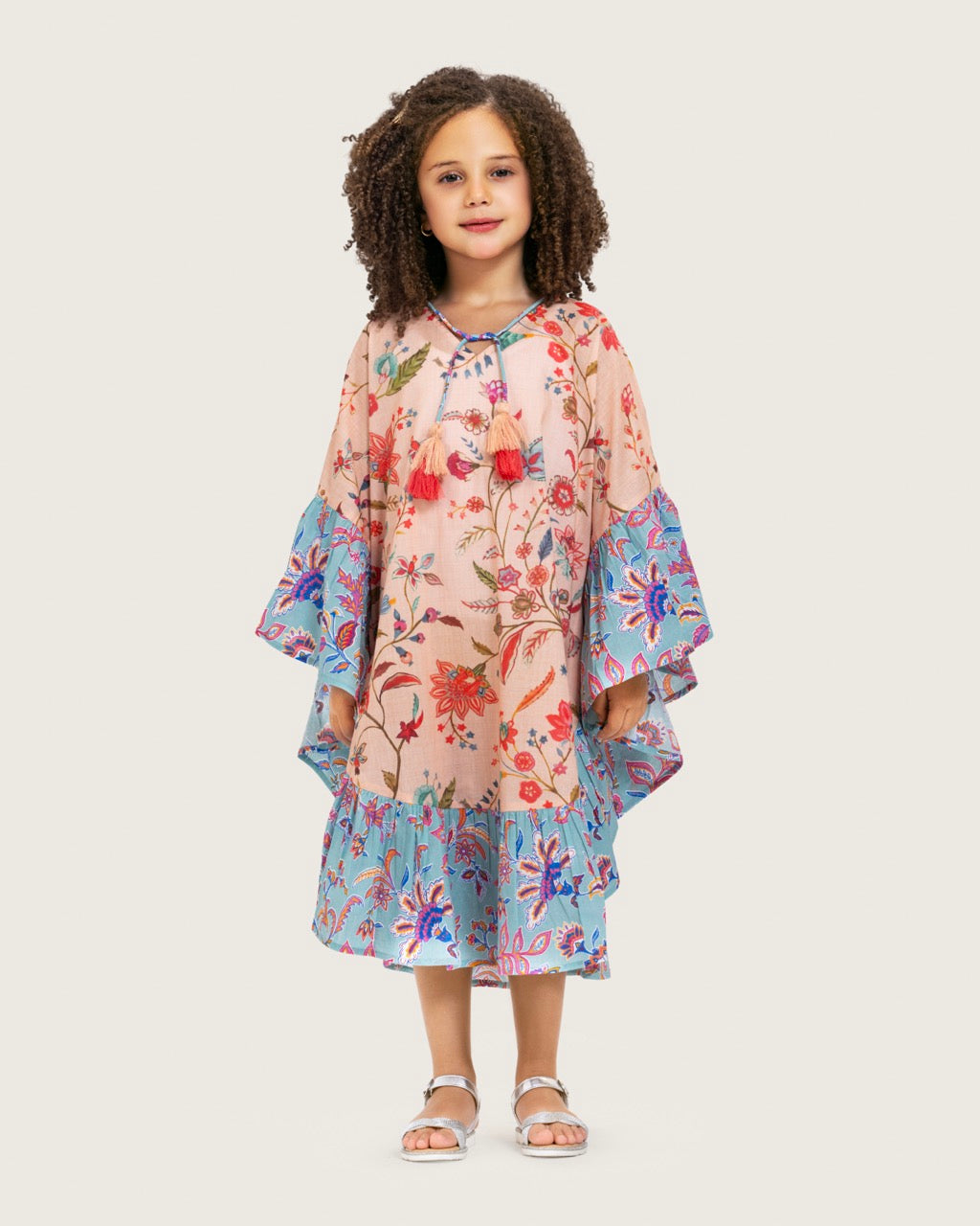 Girls Printed Kaftan with Flowy Silhouette and Sleeves -Peach