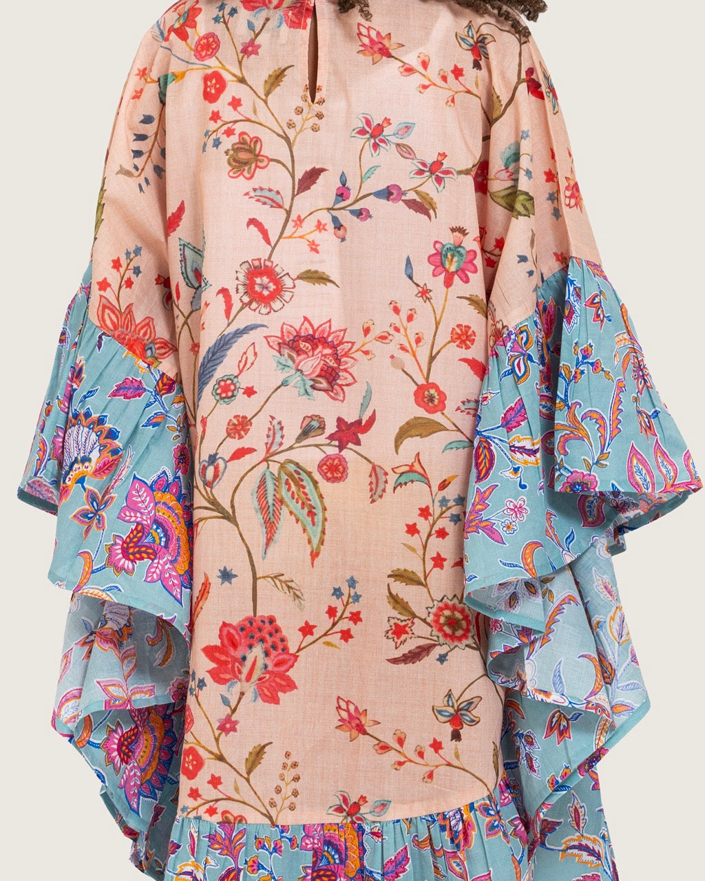 Girls Printed Kaftan with Flowy Silhouette and Sleeves -Peach