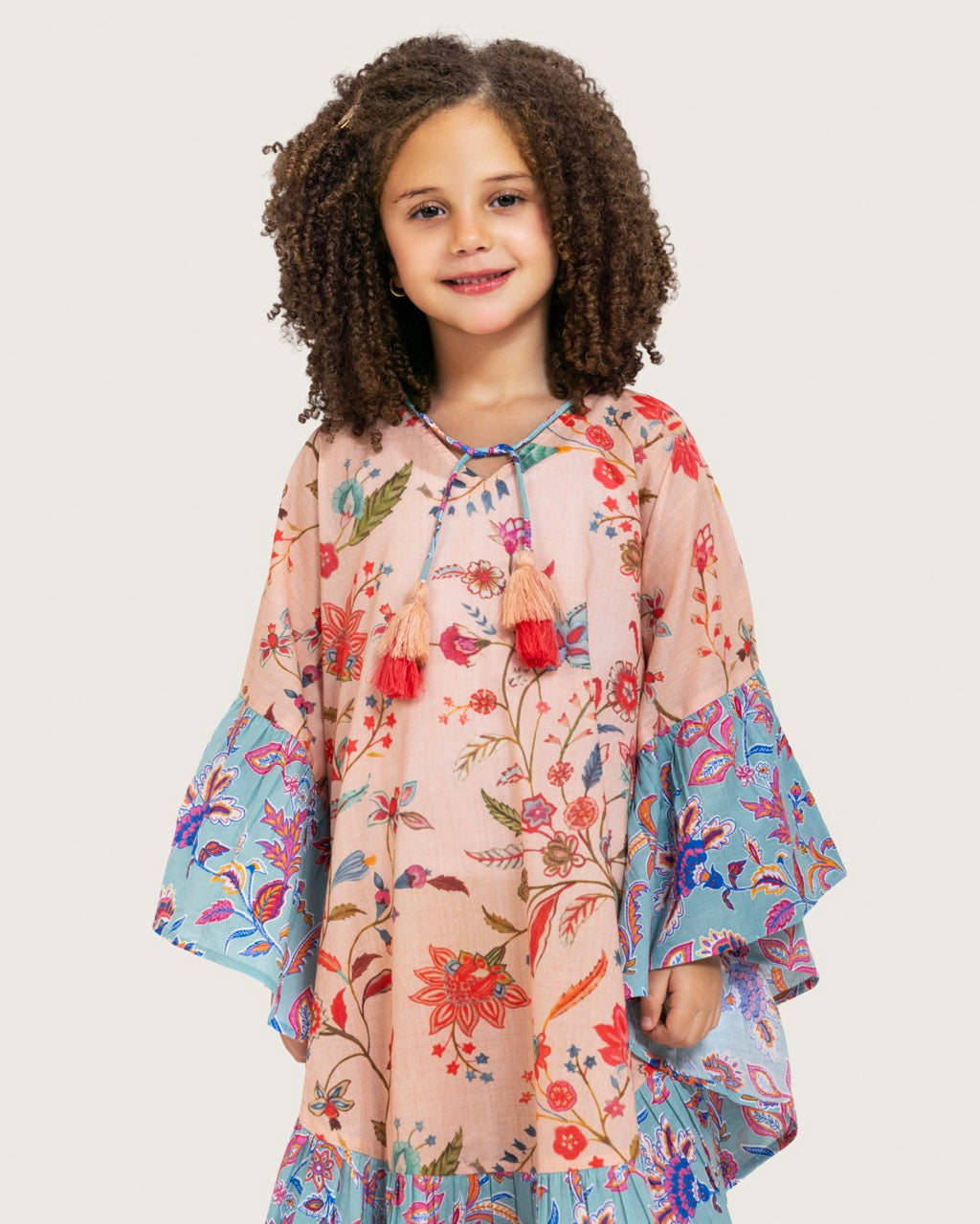 Girls Printed Kaftan with Flowy Silhouette and Sleeves -Peach