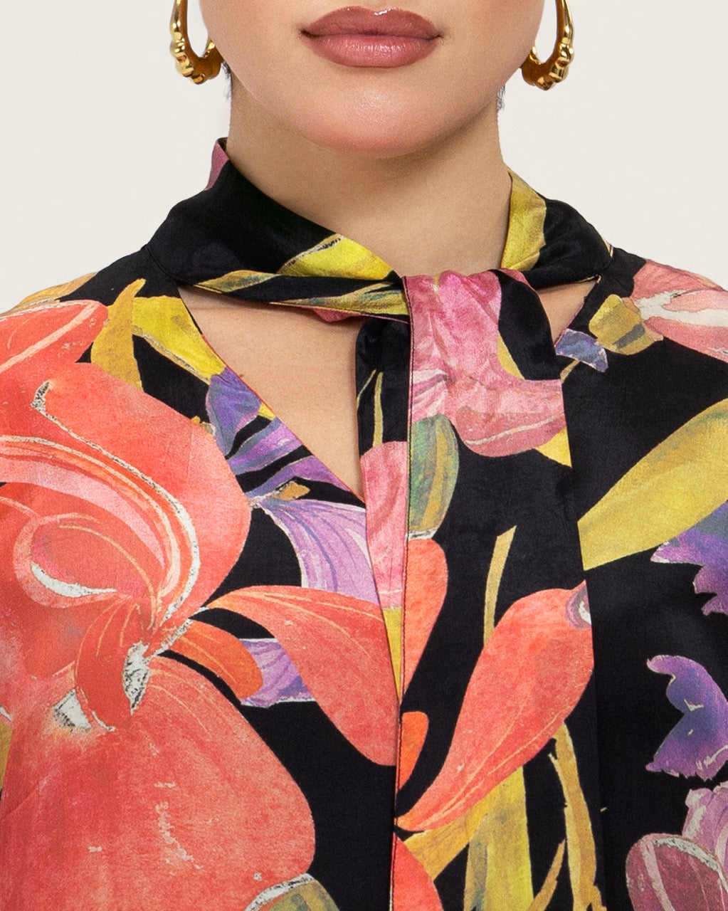 Black Printed Maxi A-line Kaftan with Tie Neck