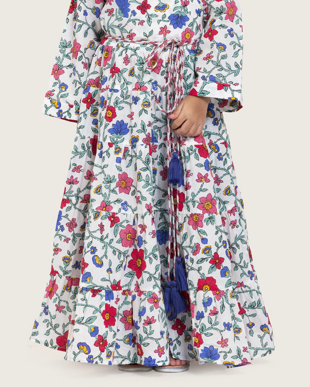 Girls Floral Tiered Wrap Dress in Cotton Fabric - White