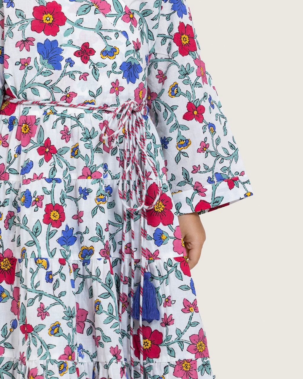 Girls Floral Tiered Wrap Dress in Cotton Fabric - White