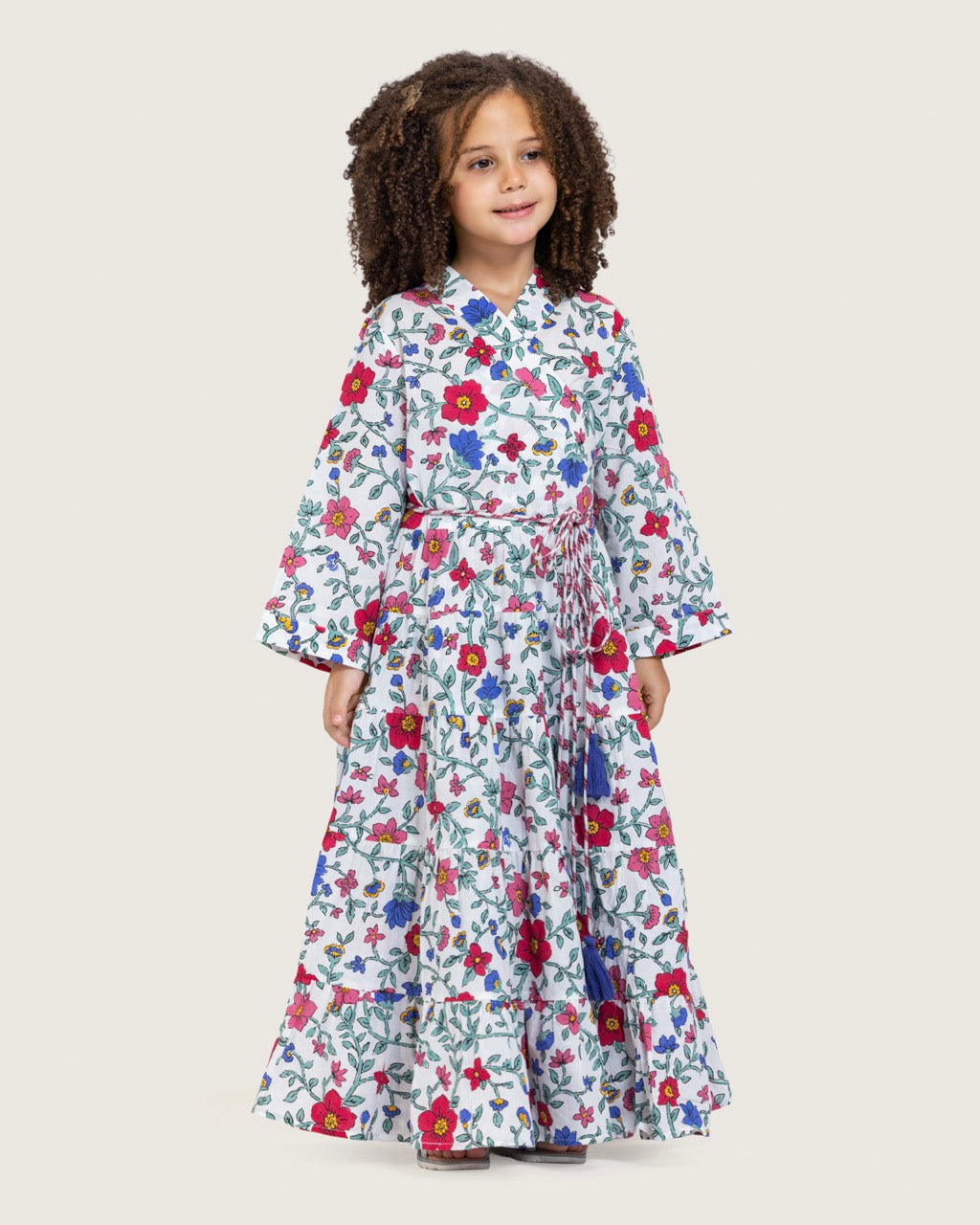 Girls Floral Tiered Wrap Dress in Cotton Fabric - White