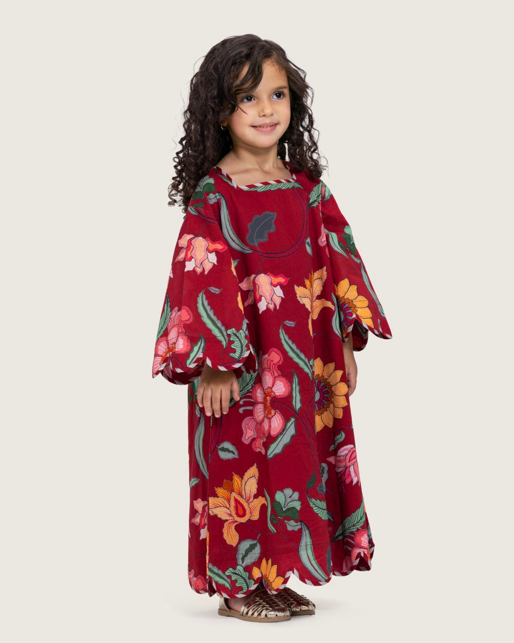 Printed Cotton Kids Dress with Relaxed Fit and Scalloped Edges - Burgundy