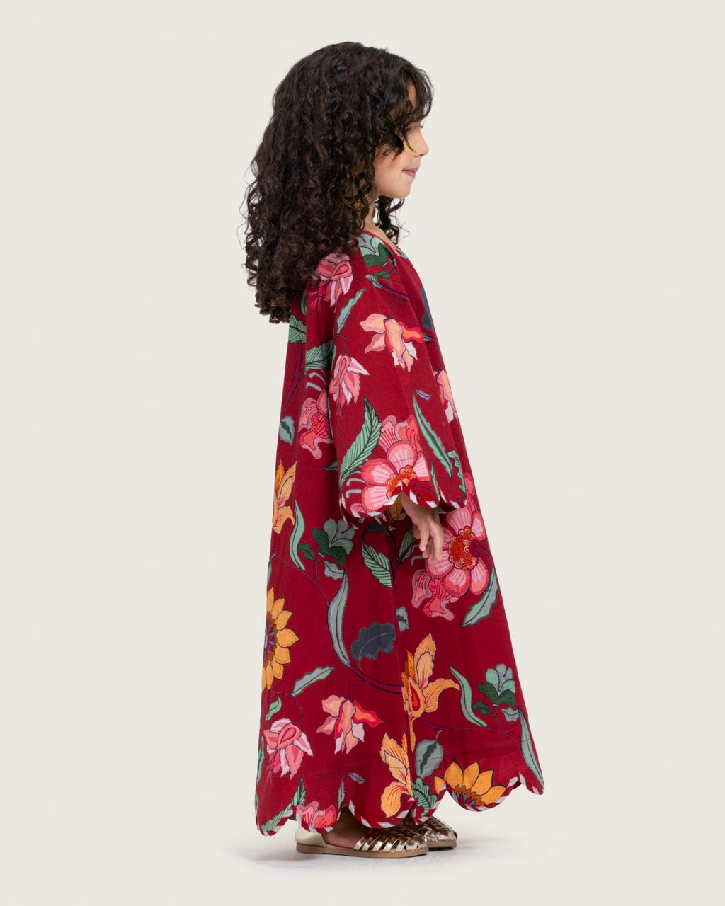 Printed Cotton Kids Dress with Relaxed Fit and Scalloped Edges - Burgundy