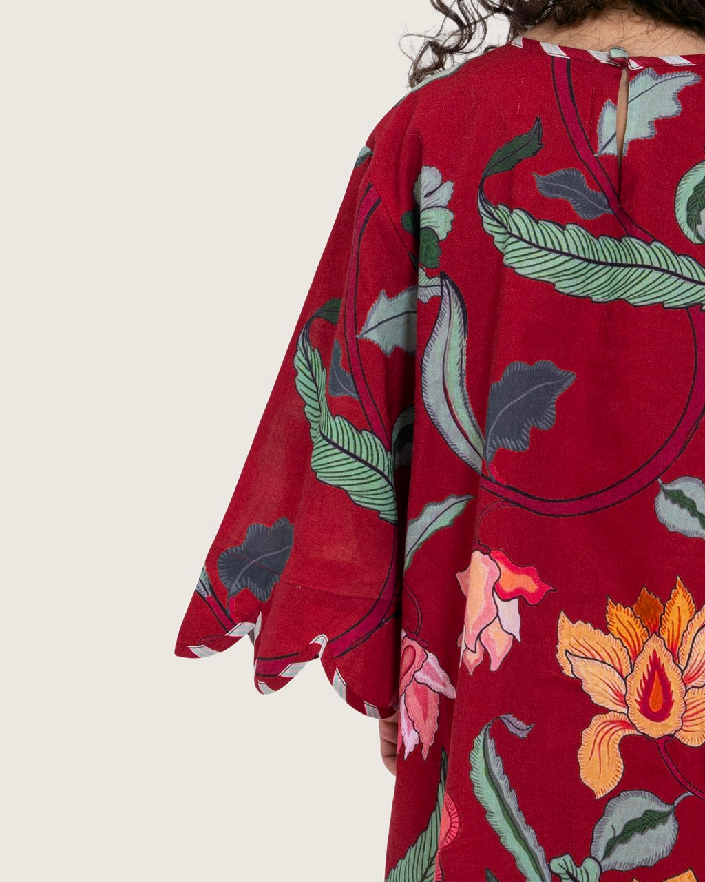 Printed Cotton Kids Dress with Relaxed Fit and Scalloped Edges - Burgundy