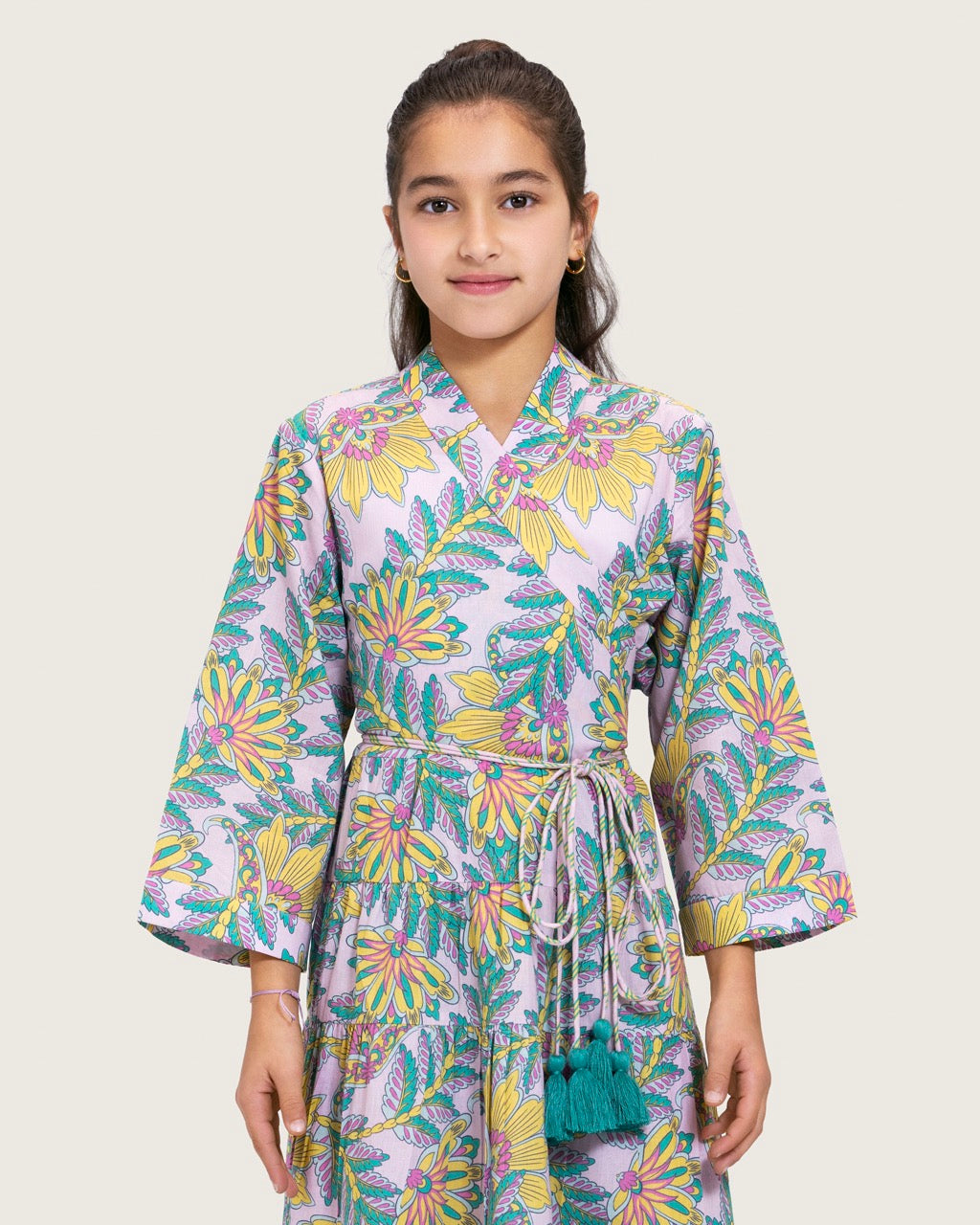 Girls Floral Cotton Wrap Dress with Soft Tiers - Teal