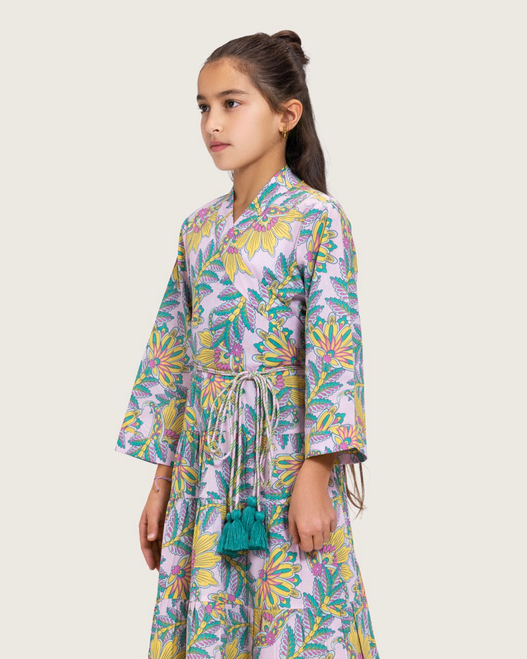 Girls Floral Cotton Wrap Dress with Soft Tiers - Teal
