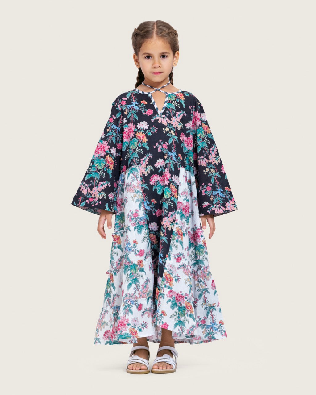 Girls Floral Cotton Dress with Tie Neck and Tassels