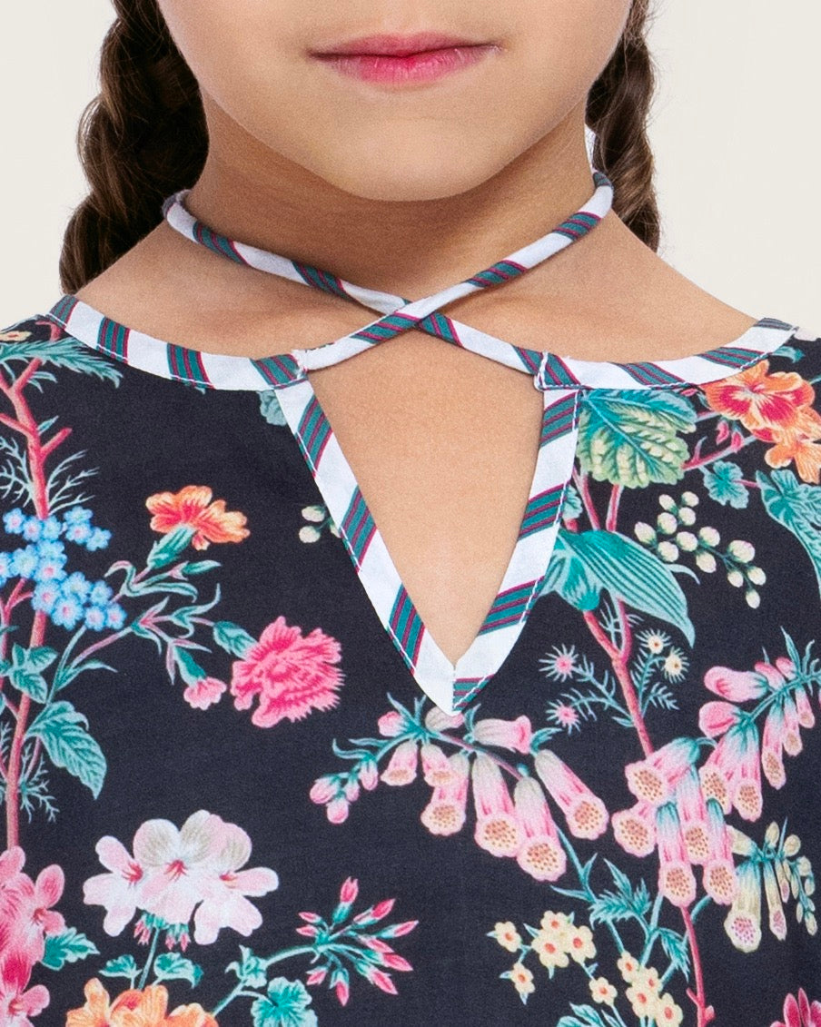 Girls Floral Cotton Dress with Tie Neck and Tassels