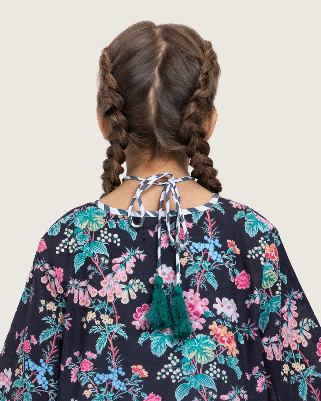 Girls Floral Cotton Dress with Tie Neck and Tassels