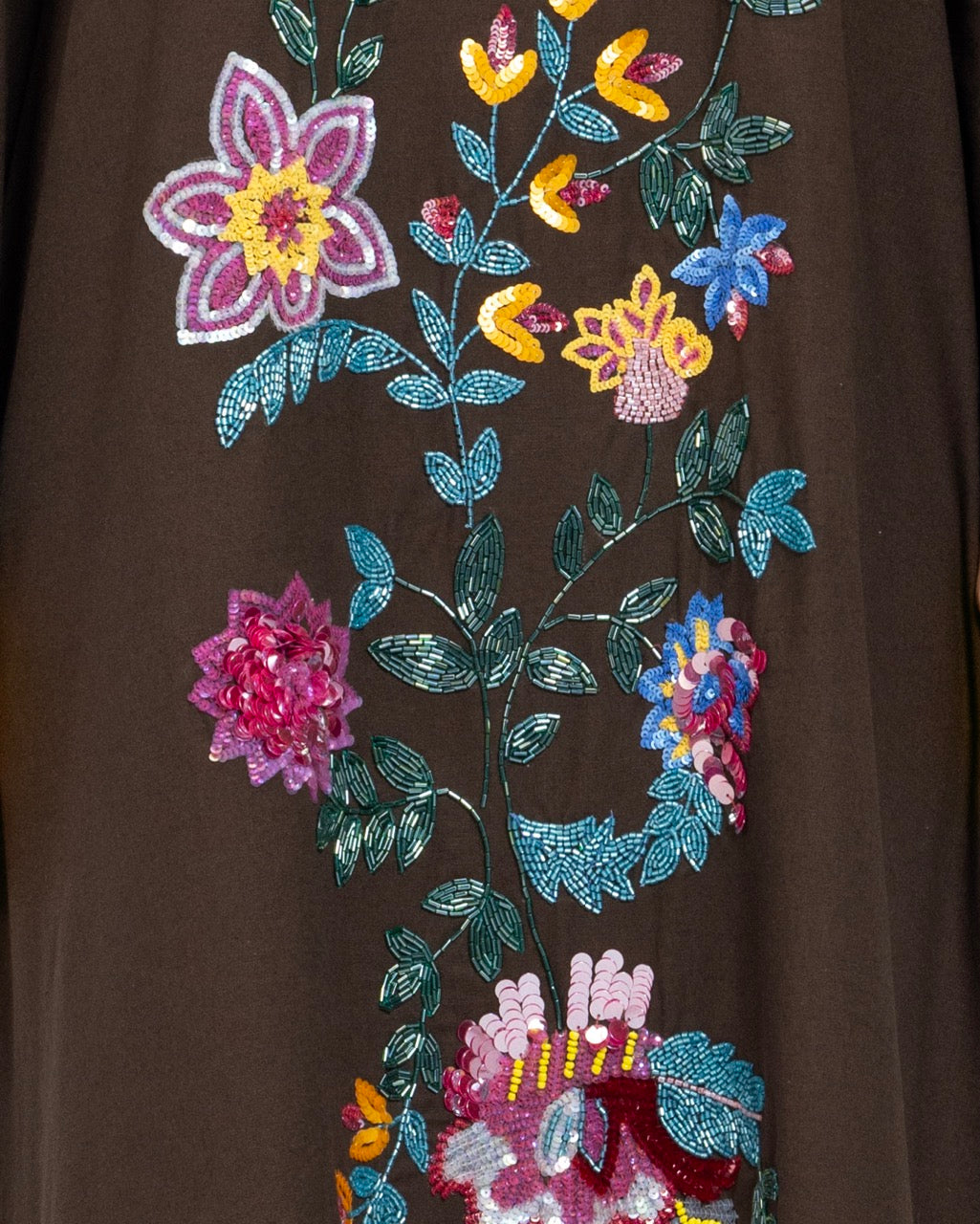 Brown Linen Kaftan with Hand Embellishments and Scalloped Edges