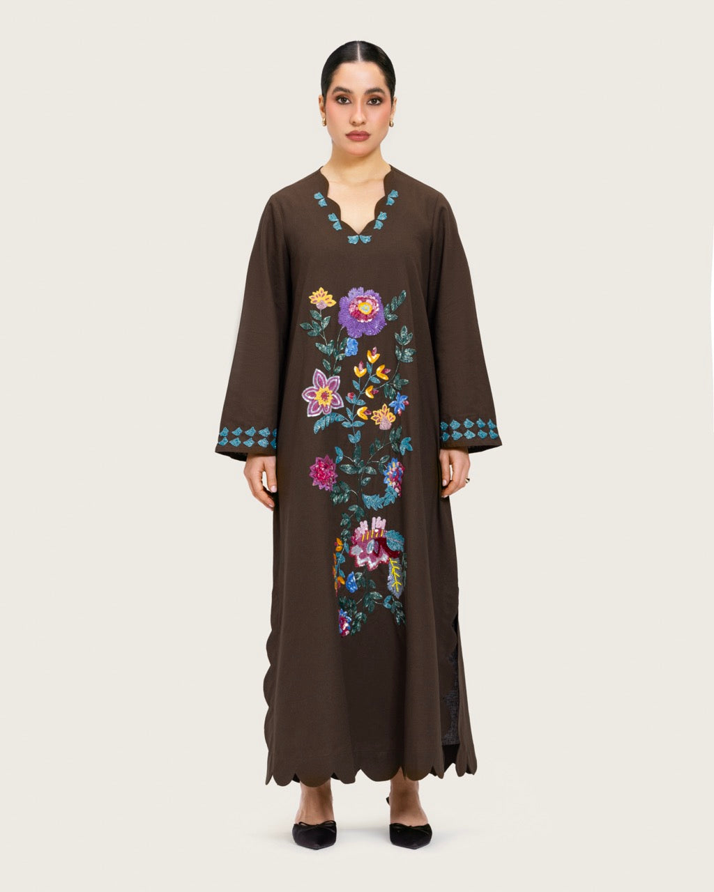 Brown Linen Kaftan with Hand Embellishments and Scalloped Edges