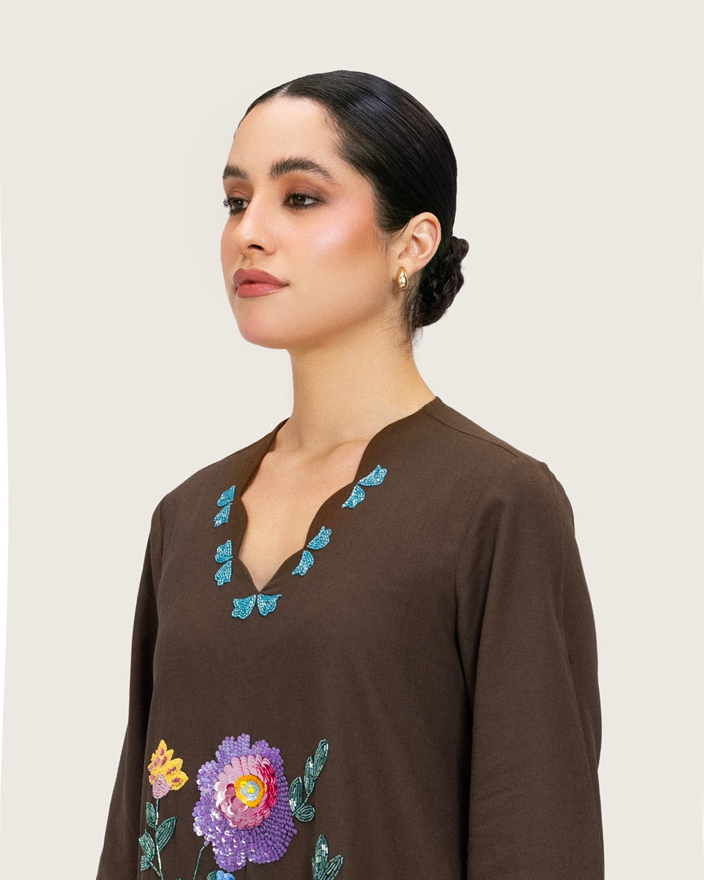 Brown Linen Kaftan with Hand Embellishments and Scalloped Edges