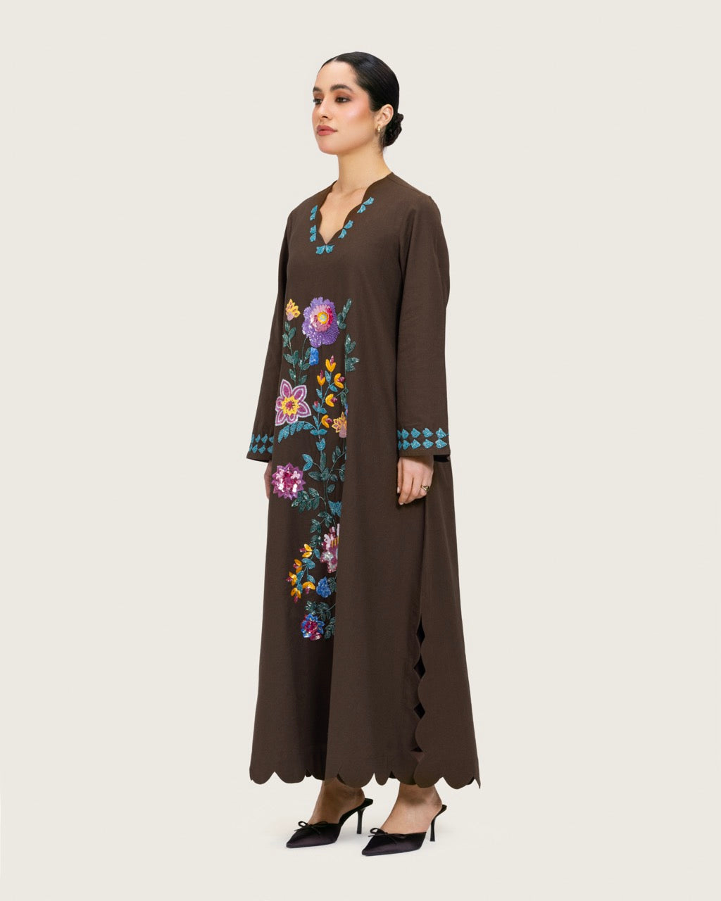 Brown Linen Kaftan with Hand Embellishments and Scalloped Edges