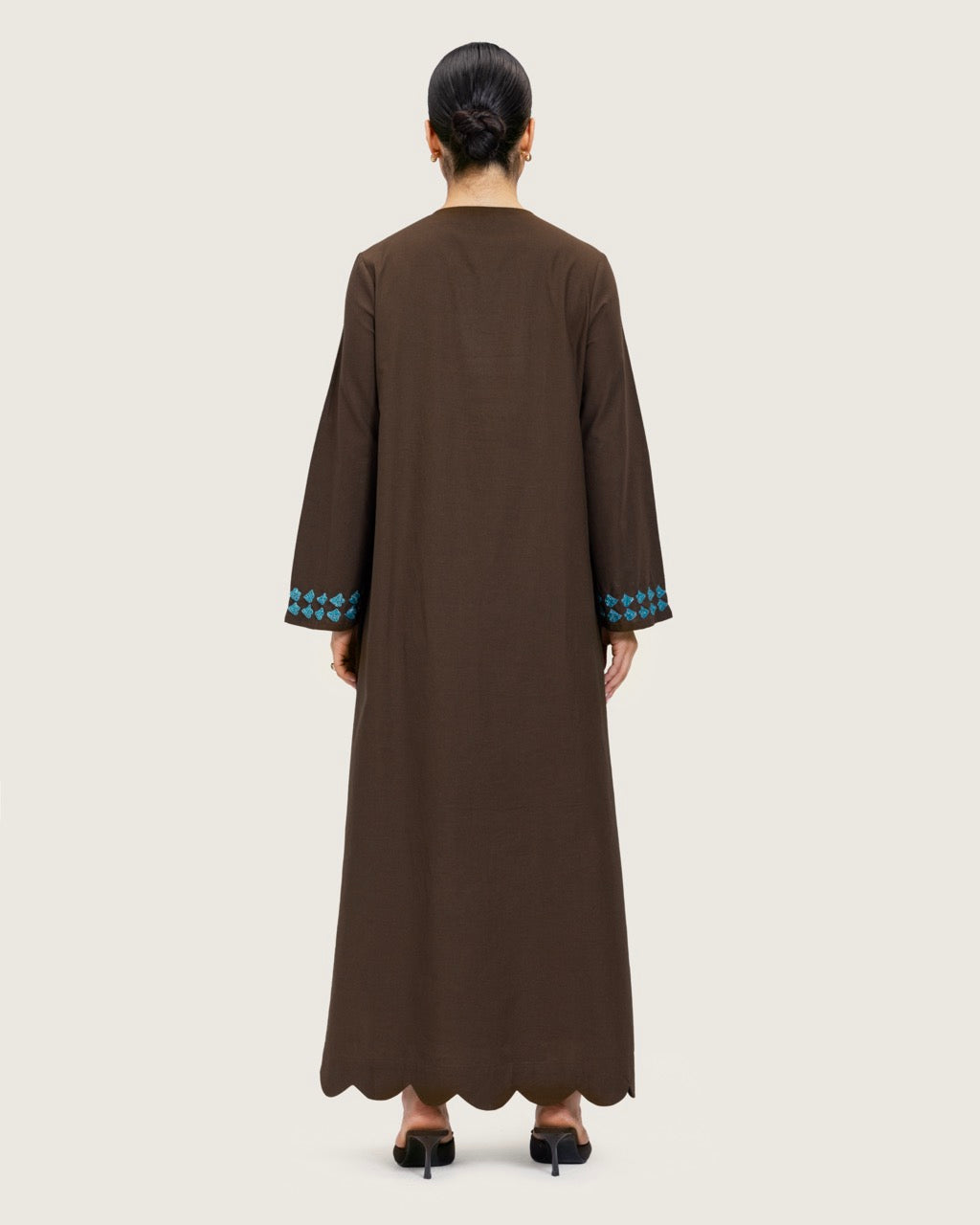 Brown Linen Kaftan with Hand Embellishments and Scalloped Edges