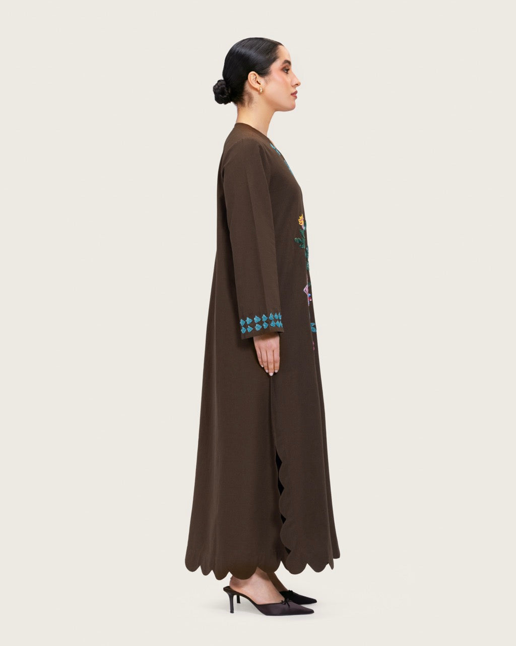 Brown Linen Kaftan with Hand Embellishments and Scalloped Edges