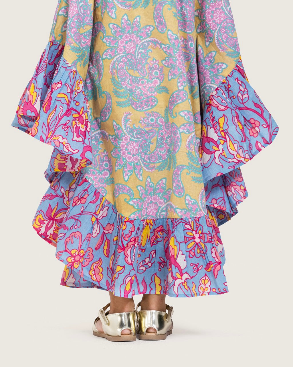 Girls Printed Kaftan with Flowy Silhouette and Sleeves -Pink