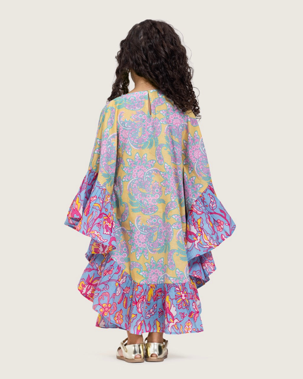 Girls Printed Kaftan with Flowy Silhouette and Sleeves -Pink