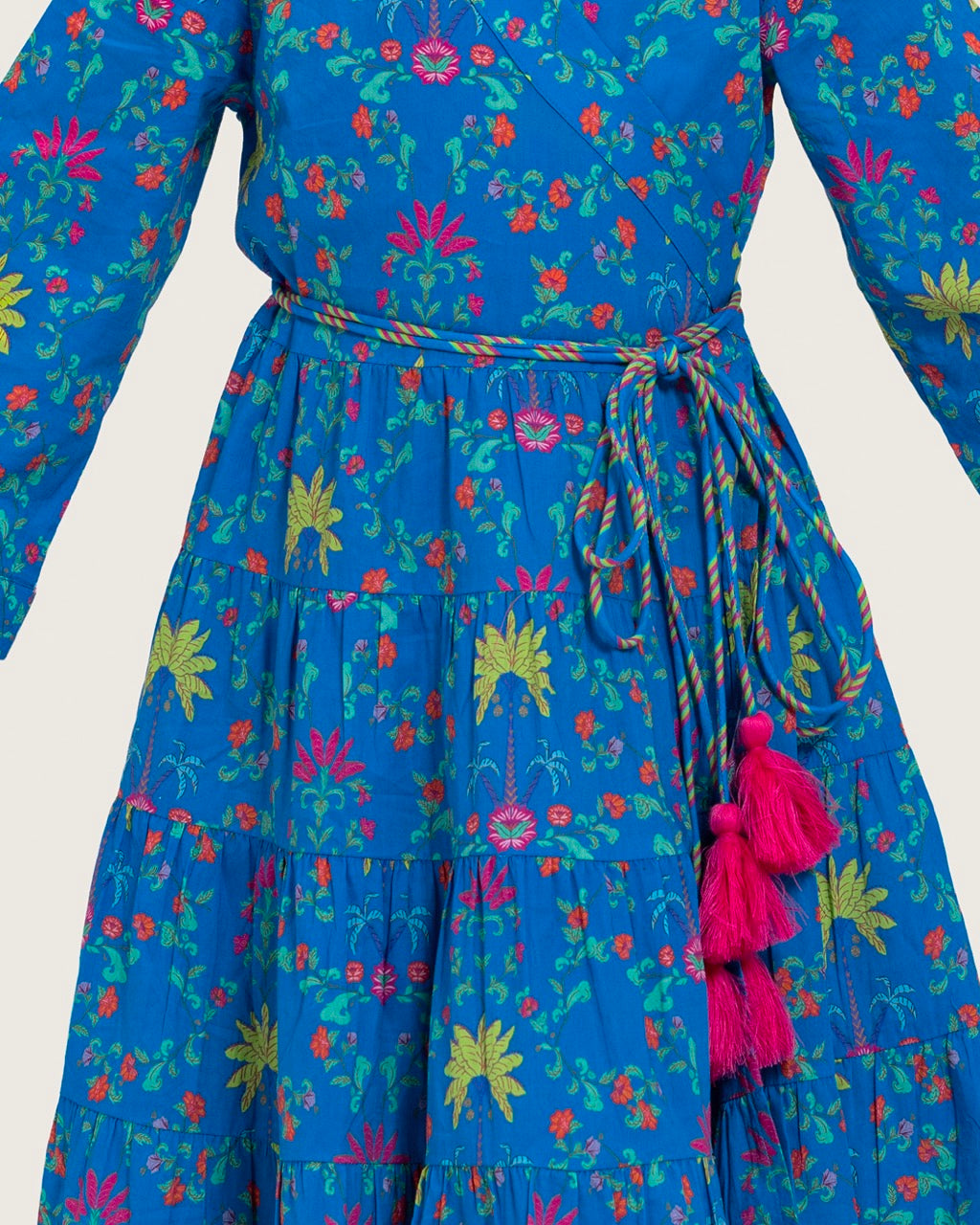 Girls Floral Tiered Wrap Dress in Cotton Fabric - Blue