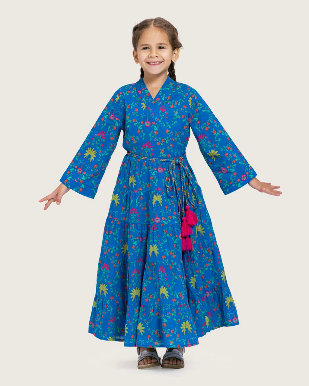 Girls Floral Tiered Wrap Dress in Cotton Fabric - Blue