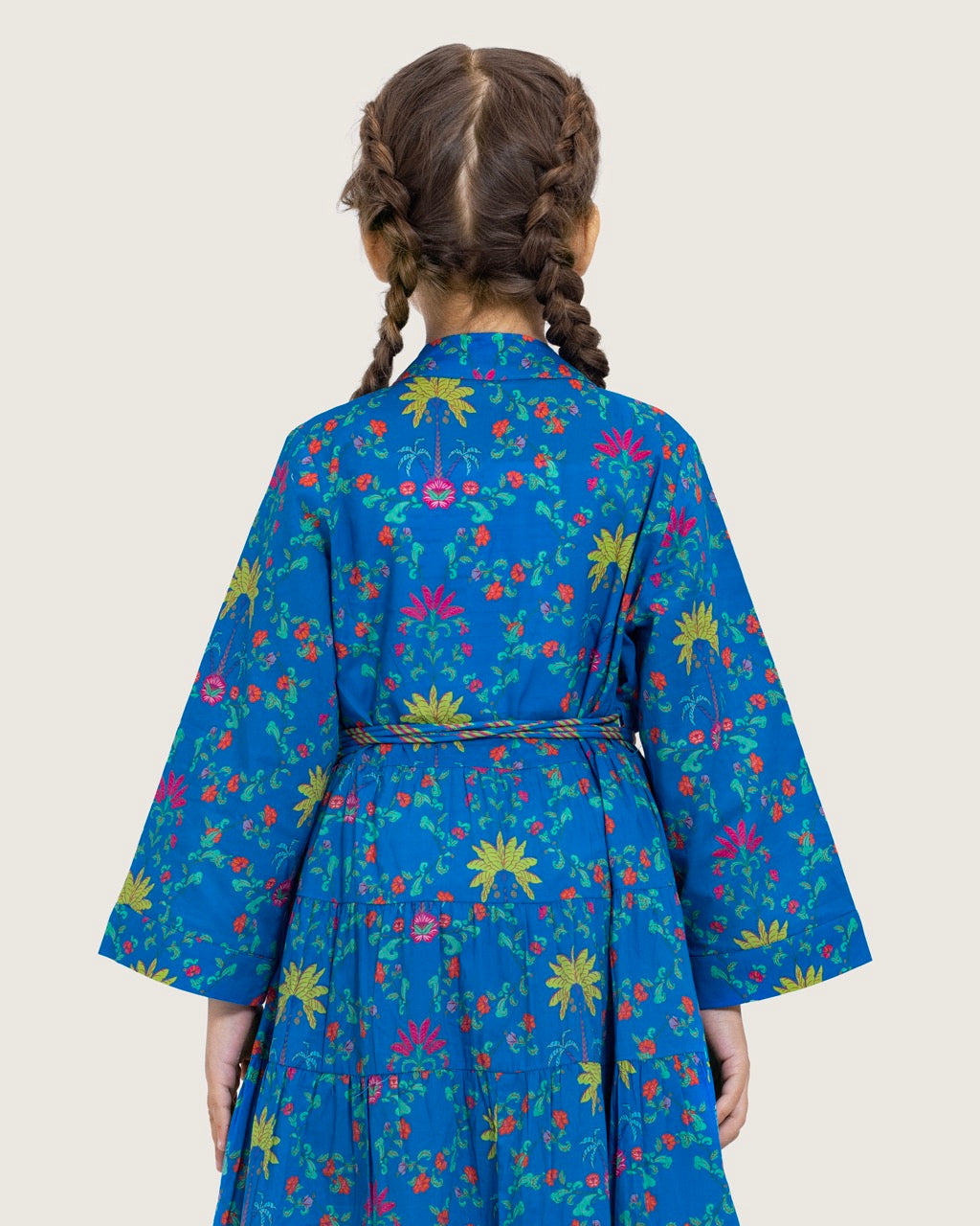Girls Floral Tiered Wrap Dress in Cotton Fabric - Blue