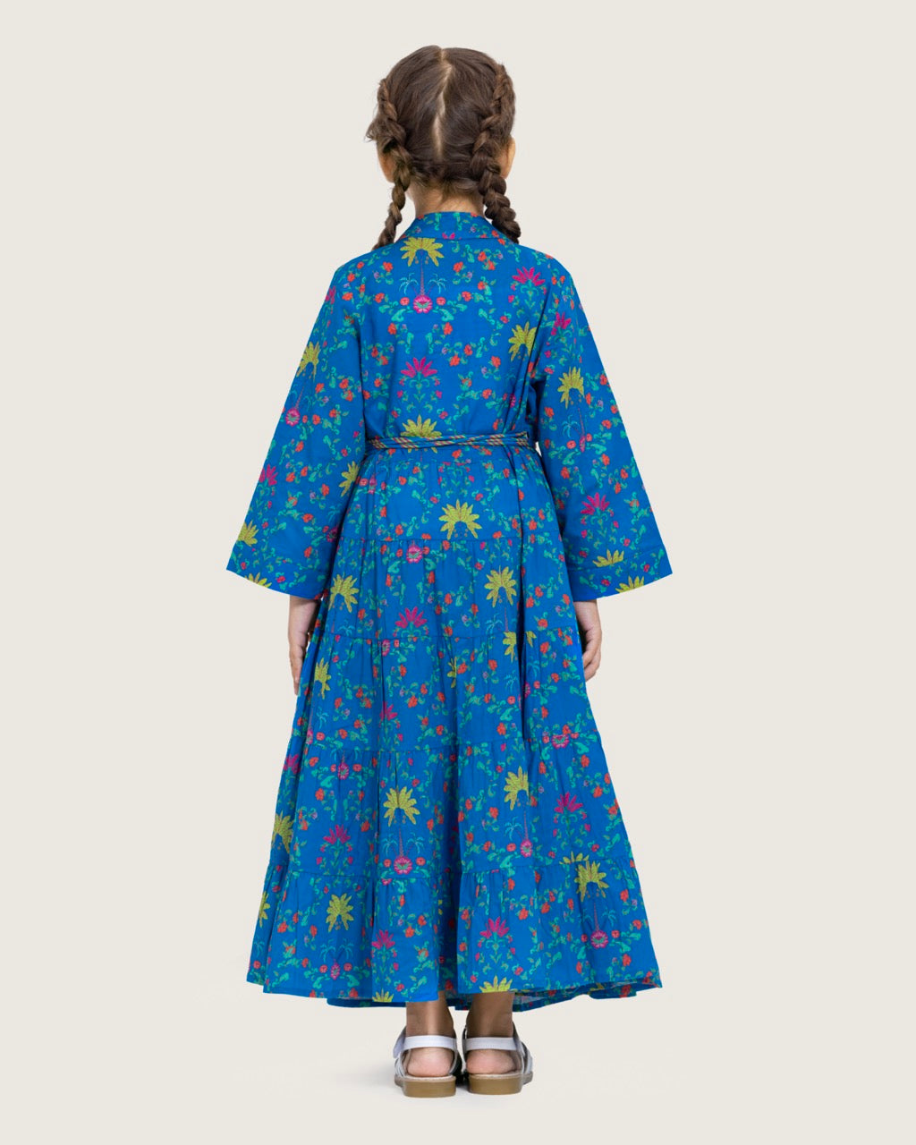 Girls Floral Tiered Wrap Dress in Cotton Fabric - Blue