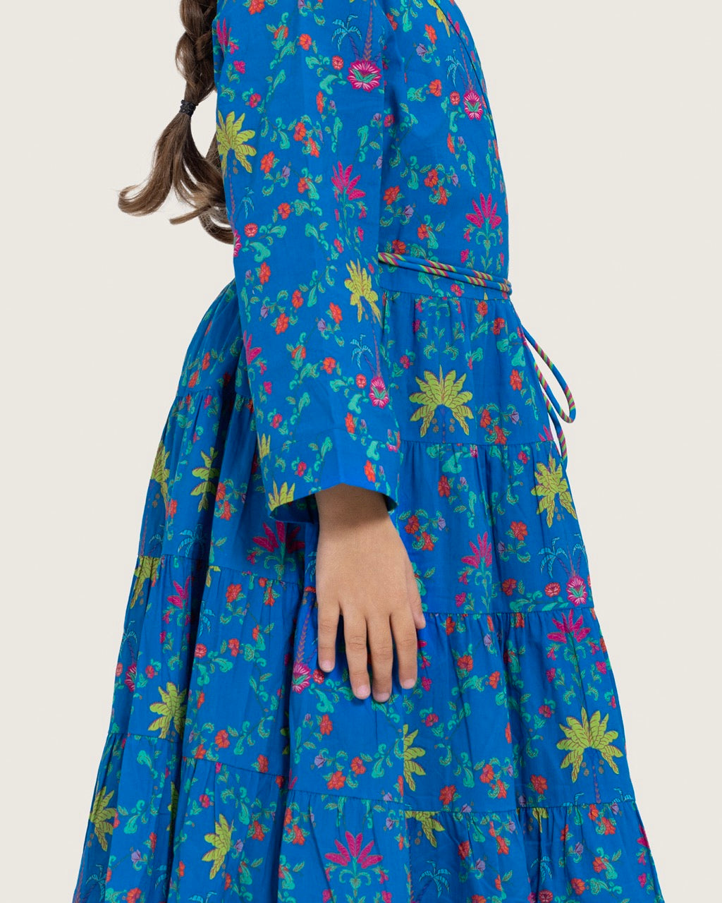 Girls Floral Tiered Wrap Dress in Cotton Fabric - Blue