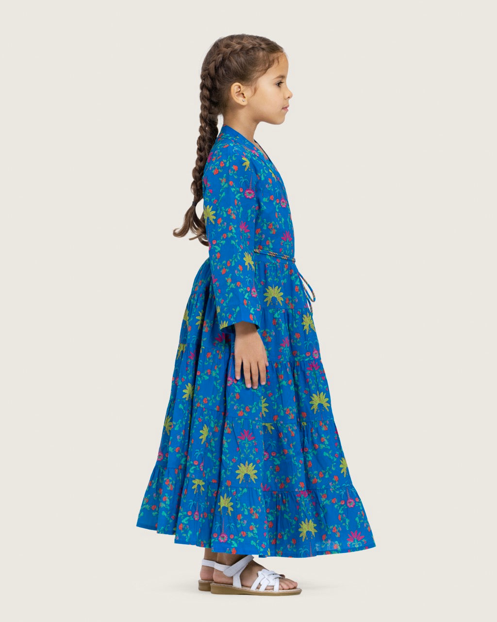 Girls Floral Tiered Wrap Dress in Cotton Fabric - Blue