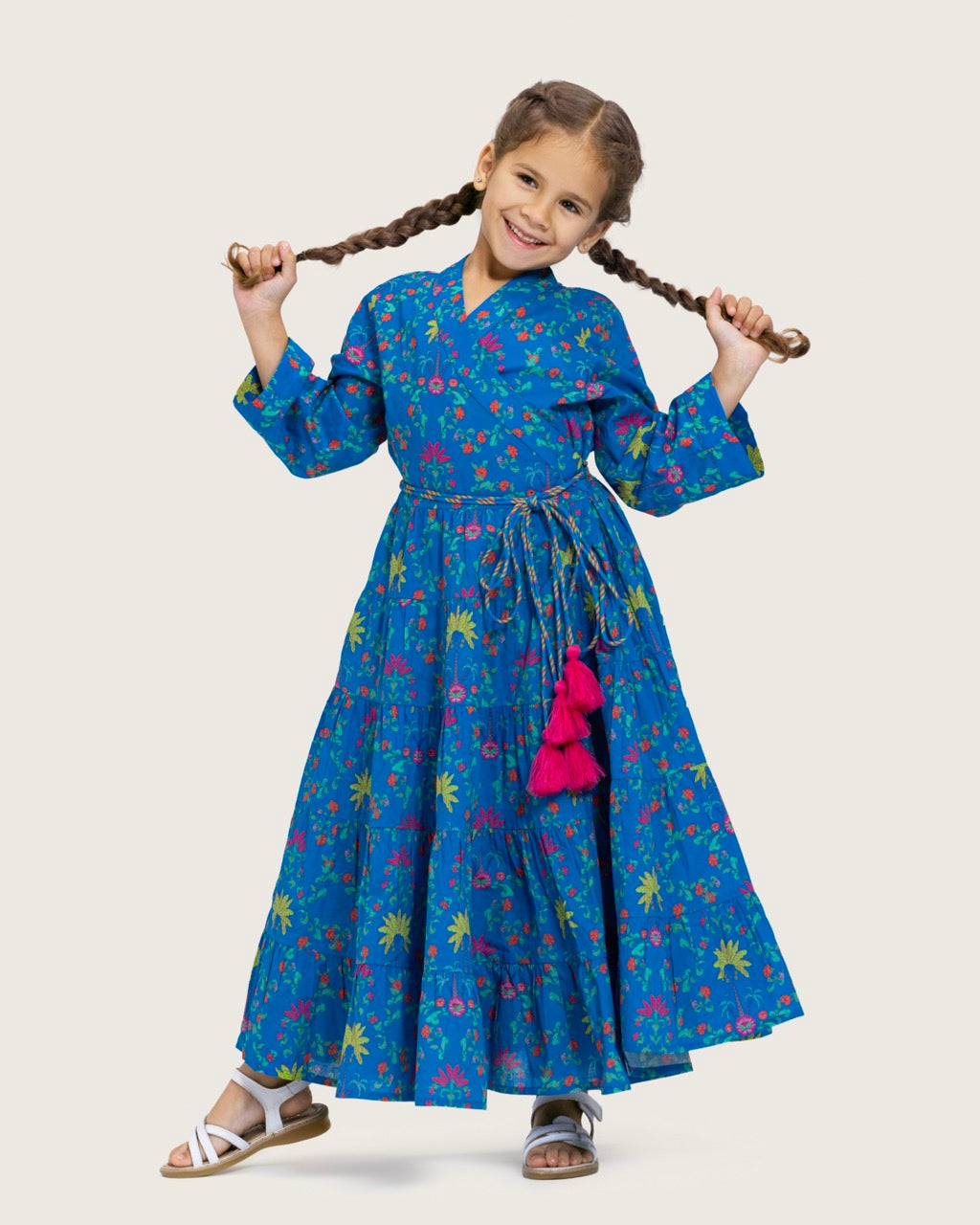 Girls Floral Tiered Wrap Dress in Cotton Fabric - Blue