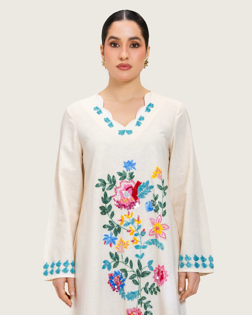 Soft Melon Linen Kaftan with Hand Embellishments and Scalloped Edges