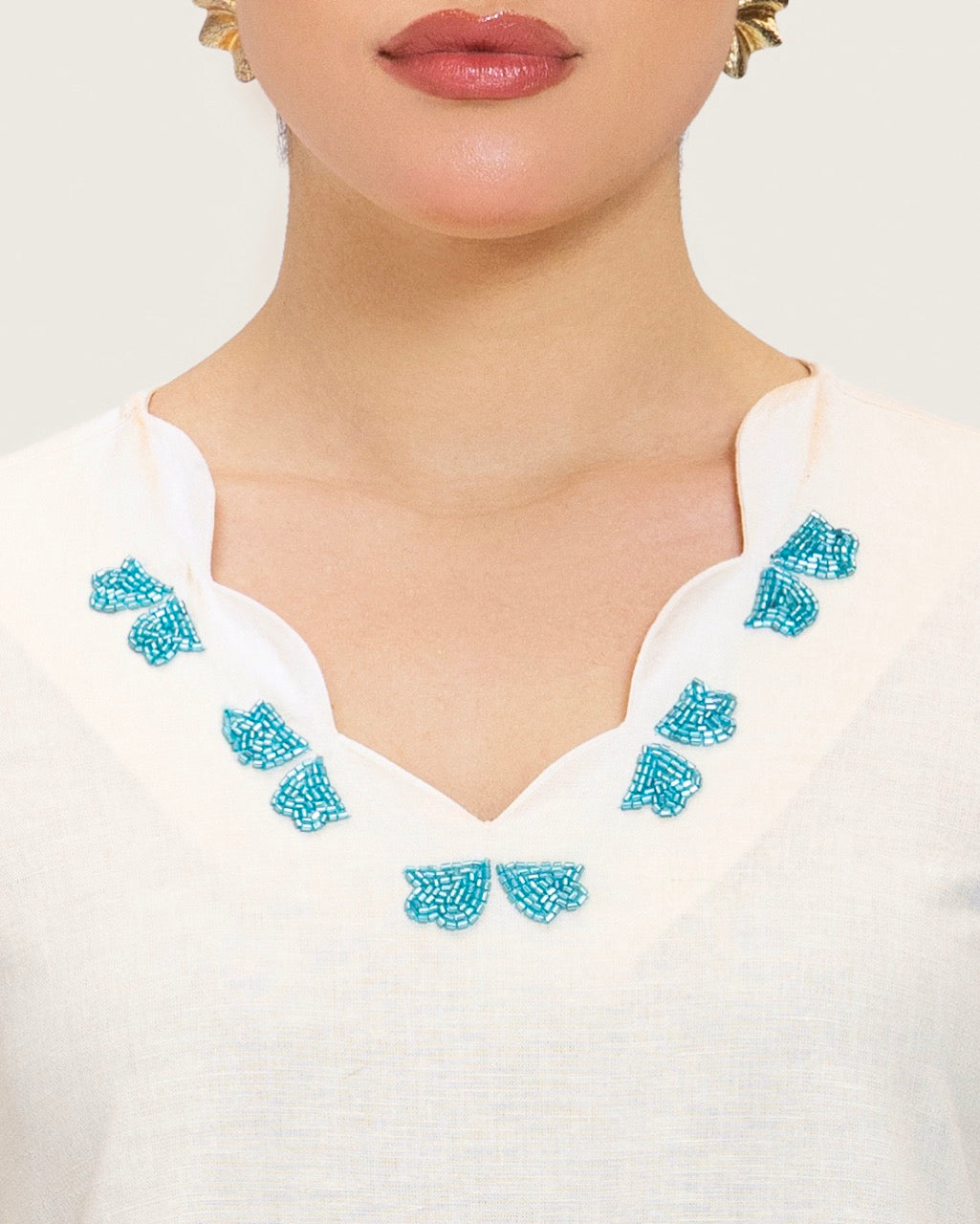 Soft Melon Linen Kaftan with Hand Embellishments and Scalloped Edges