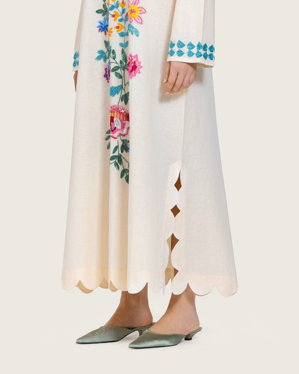 Soft Melon Linen Kaftan with Hand Embellishments and Scalloped Edges