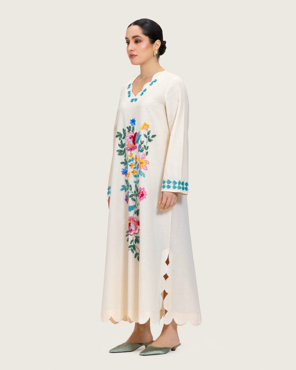 Soft Melon Linen Kaftan with Hand Embellishments and Scalloped Edges