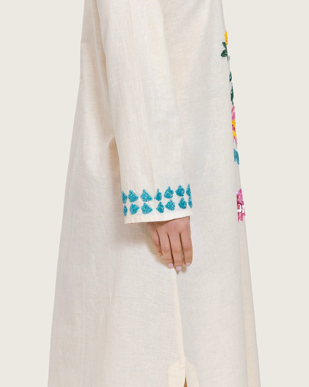 Soft Melon Linen Kaftan with Hand Embellishments and Scalloped Edges