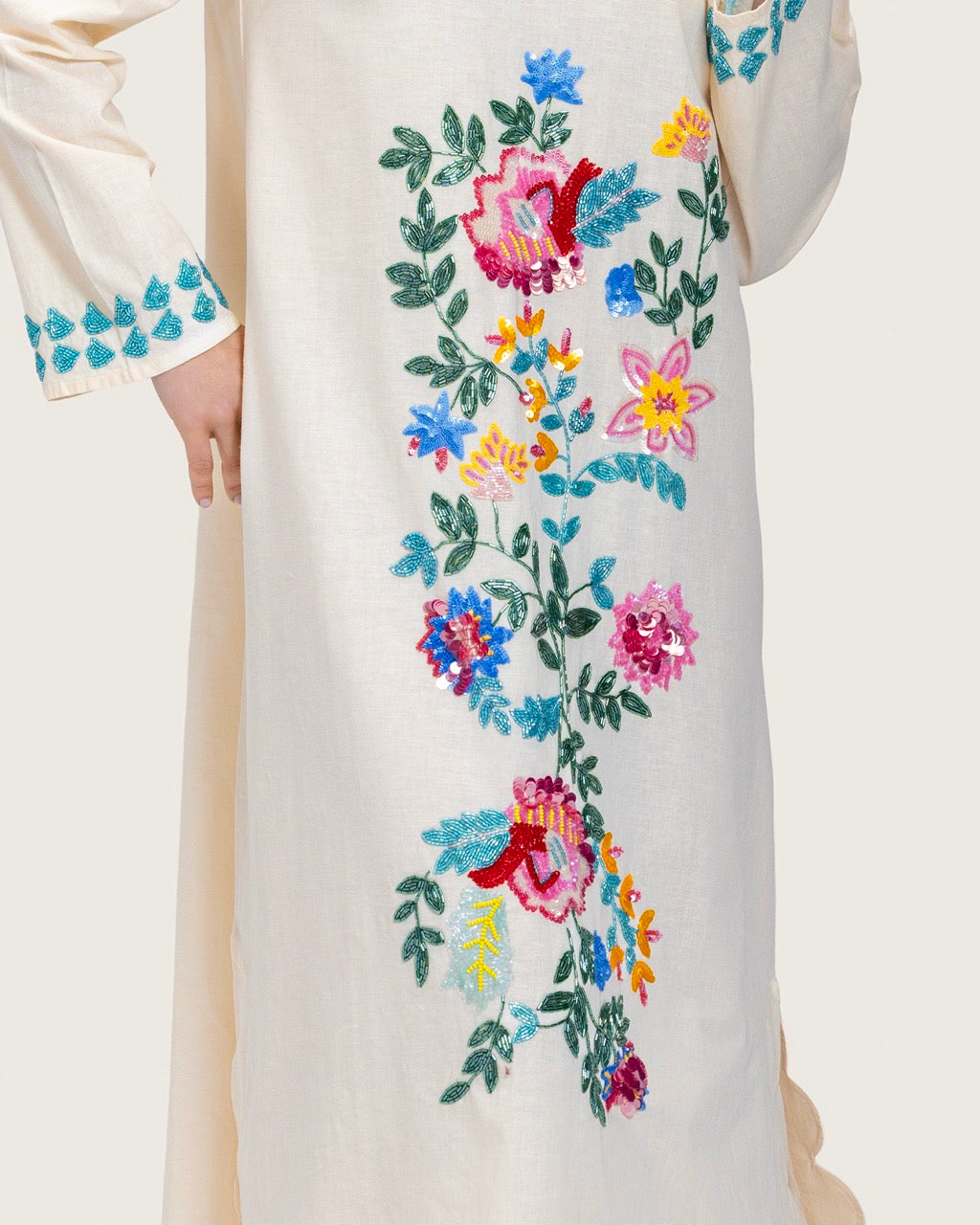 Soft Melon Linen Kaftan with Hand Embellishments and Scalloped Edges