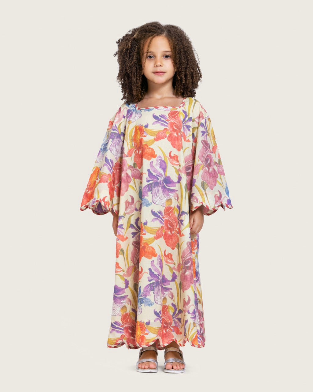 Printed Cotton Kids Dress with Relaxed Fit and Scalloped Edges - Peach